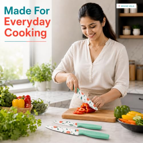 Image of BRAND VILLA Kitchen Knife Set of 3, Ultra Sharp Stainless Steel Chef Knife, Utility Knife & Paring Knife, Non-Stick Coated Blades, Ergonomic Anti-Slip Handle for Fruits, Vegetables & Meat (Green)