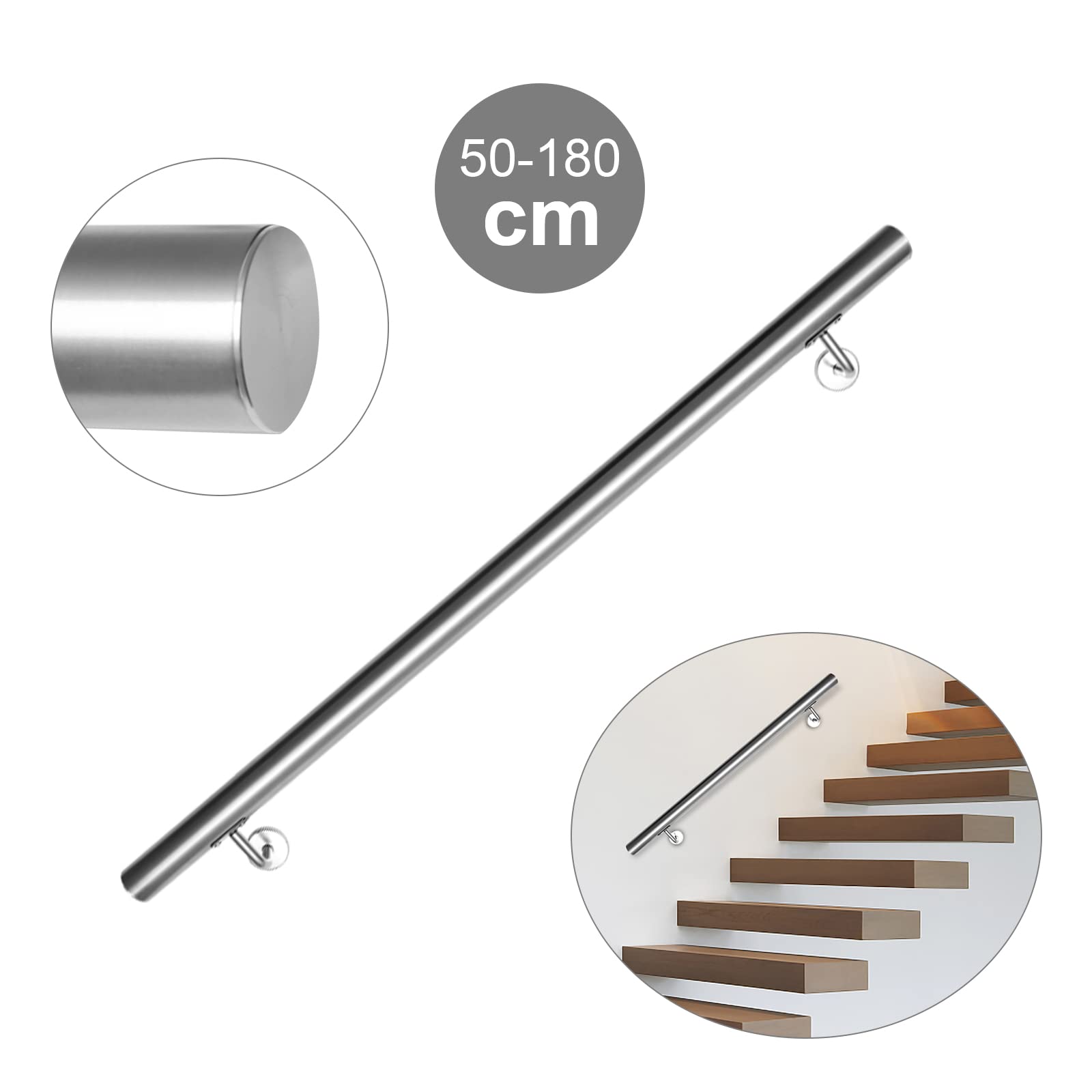 Pasamanos de acero inoxidable para escaleras, pasamanos de pared, escaleras, barra para interior y exterior, incluye soporte de pared y tapas de extremos, diámetro de 42 mm, longitud: 100 cm