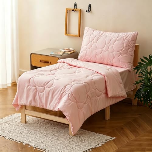 Image of Wellboo Solid Pink Toddler Bedding Sets for Girls Boho Sunflower 4 Pieces Soft Crib Bed Set Including Comforter, Sheets and Pillowcase Kids Soft Solid Color Aesthetic Bean Pink Quilt