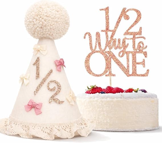 figurine 2 PCS 6 Months Birthday Decoration, Half Birthday Decoration for Girl, Birthday Cap and Rose Gold Topper for Photo Shoots and Celebrations, 2-Piece Milestone Party Set-image-39