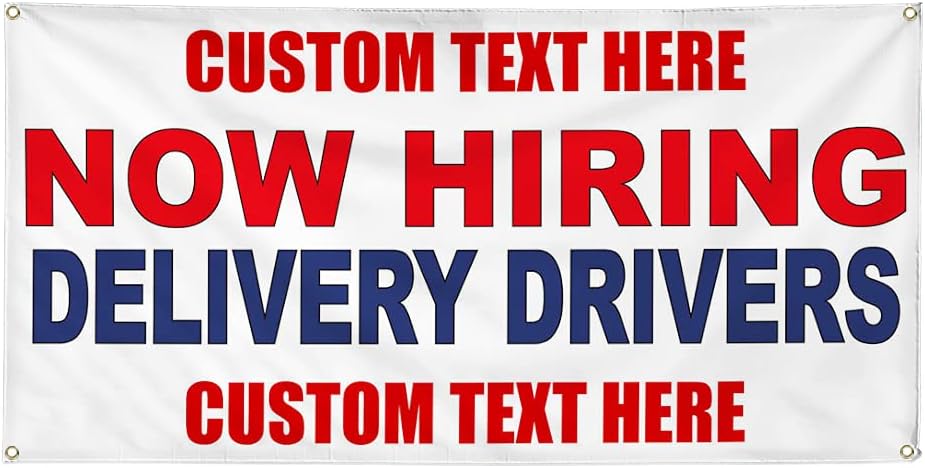 Vinyl Banner Multiple Sizes Now Hiring Delivery Drivers Red Blue Business Outdoor Weatherproof Industrial Yard Signs 4 Grommets 24x36Inches