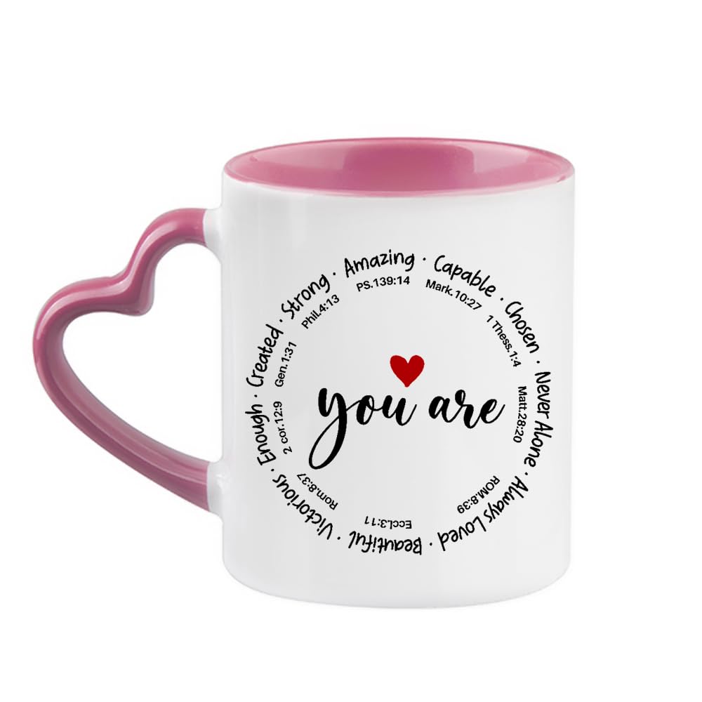 You are Amazing Coffee Mug, Christian Gifts for Women Religious Gifts,11oz Heart Handle Ceramic Mug. (Pink)
