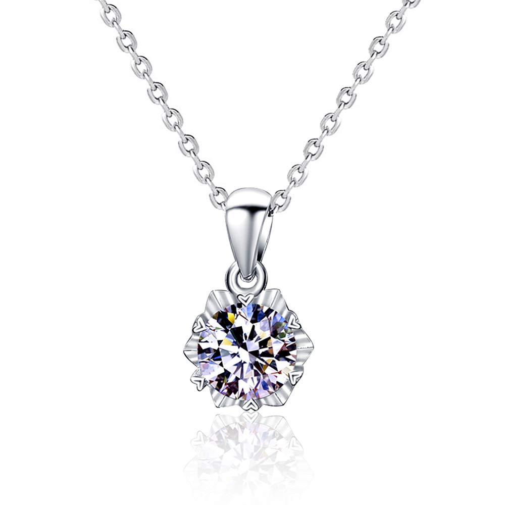 Ala Voglia S925 Hexagonal Ice Sterling Silver Platinum Plated Chain and Center 1 ct (DEW) 6.5mm Round Lab Grown Brilliant Moissanite Pendant Necklace for Women Girl