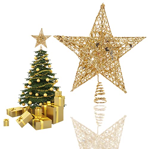 Estrella Árbol de Navidad Metal 22cm - Estrella la Copa del Árbol Brillante con Base Espiral Estable, Diseño Hueco 3D, Adornos para la Copa del Árbol Decoración Navideña Clásica, Dorado