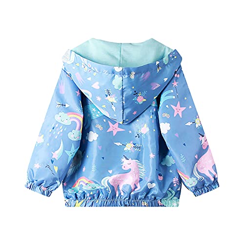 JinBei Jacket Kids Girls Hooded Coat Windbreaker Zip Long Sleeve Cloak Windproof Jackets Soft Light Thin Outwear Jacket Age 4-5 Years, Blue Horse Rainbow Print - Image 3