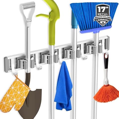Reliahom Soporte para escoba y fregona con 4 estantes y 5 ganchos Cover