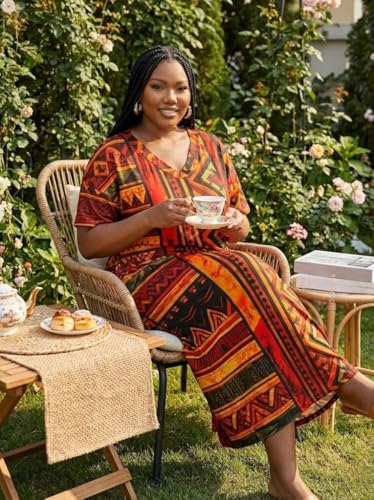 Image of Plus Size Maxi Dress for Women Short Sleeve V Neck Casual Loose Sundress with Pockets