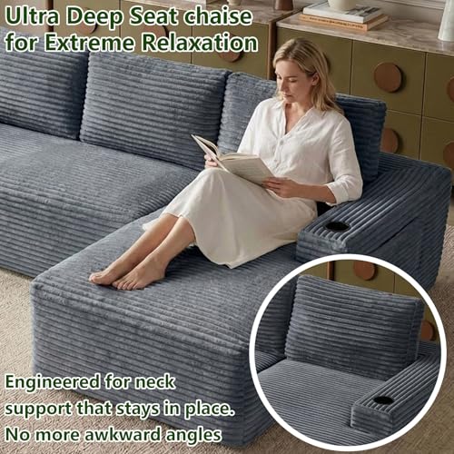 Image of 104.3 inch Modular Sectional Sofa,Modern Corduroy Cloud Couch with Cup Holder & Side Pockets,Boneless Couch Upholstered 4-Seater L-Shaped Sofa for Living Room,No Assembly (Dark Grey, Right-Facing Chaise)