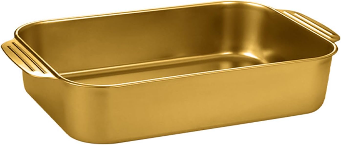 SVRITE 5Sizes Rectangular Stainless Steel Roasting Pan Deep Roaster Pasta Baking Cookie Sheet Pan with Handles - Fish Baking Tray Serving Platter Soup Pot for Meat Chicken Vegetable (51cm,Gold)