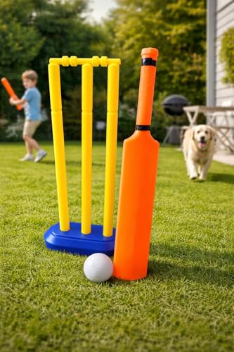 Image of SPRAWA Kids Cricket Kit Set for Children | Plastic Cricket Bat Ball & 3 Stumps with Bail | Lightweight Indoor & Outdoor Cricket Toy Kit for Boys & Girls | Safe Fun Sports Game Set (Orange Big Bat)