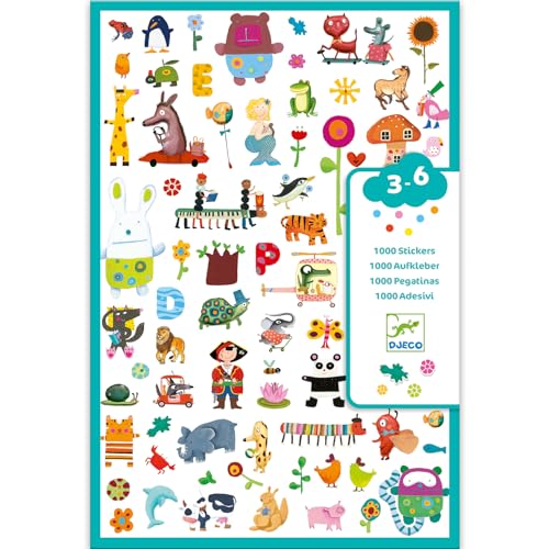 DJECO Assortiment 1000 Stickers Papier - Enfants de 3 à 6 Ans - Amélioration des Compétences Motrices - Concentration & Créativité - Créer et Décorer à...