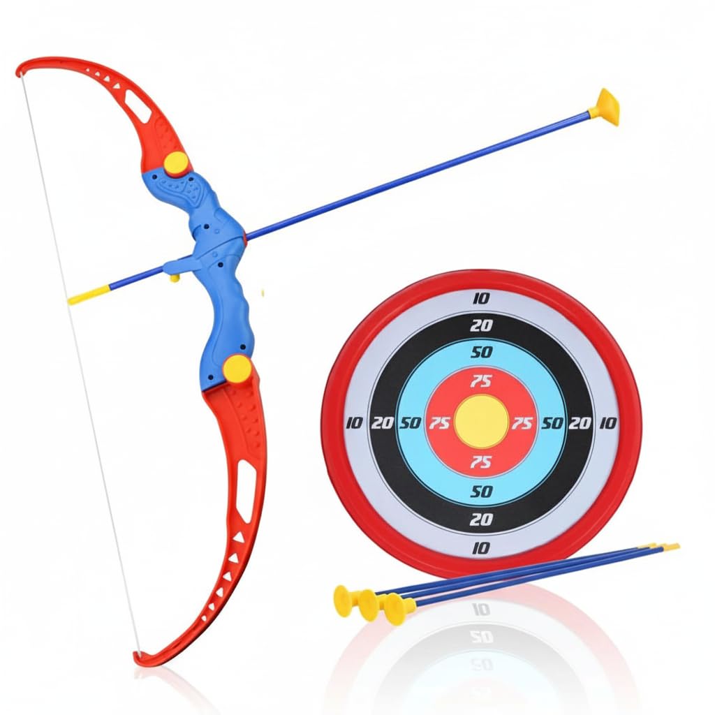 Amitasha Kids Archery Bow and Arrow Toy Set with Target Board for Kids Indoor Outdoor Garden Fun Suction Cups 3 Arrows Target Game for Boys 3-15 Years Birthday Gift
