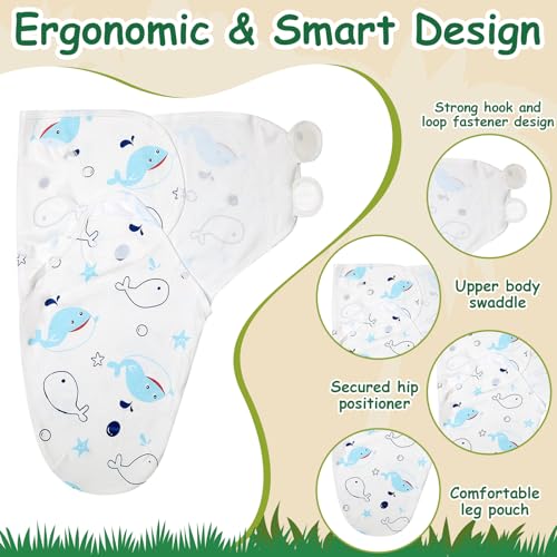 Ramede 6 Pack Baby Swaddle Blanket with Hats Sleep Swaddle for 0-3 Months Newborn Sacks Soft Cotton Wearable for Girl and Boy(Whale,Blue and Green) - Thumbnail 3