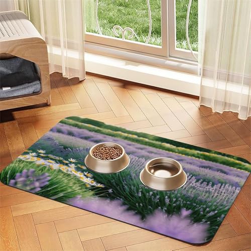 lavender and daisy print Pet Food Mat Absorbent Non-Slip PU Leather Feeding Mat for Dogs Cats Pet Bowl Placemat