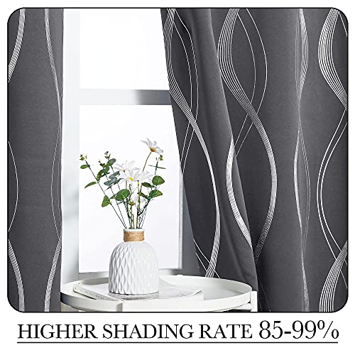 PONY DANCE Blackout Curtains for Living Room - 84 Inch Drop Curtain Eyelet Top Thermal Door Curtains Silver Wave Line Foil Printed Long Curtains, Grey, 52 Inches Wide, Sold as Pair - Image 5