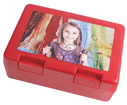 Boîte à goûter personnalisable rouge avec prénom et photo pour enfant