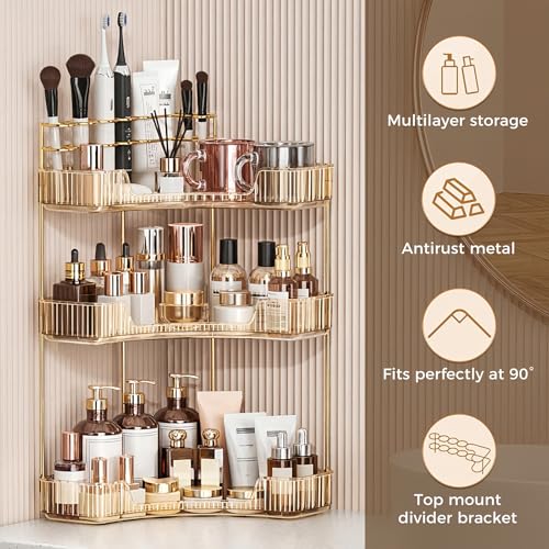 Image of BEFSOP Corner Bathroom Counter Organizer, Upgraded 3-Tier Makeup Organizer Countertop with Makeup Brush Holder, Skincare Exquisite Vanity Organizers Countertop Bathroom Storage Dresser(GOLD)