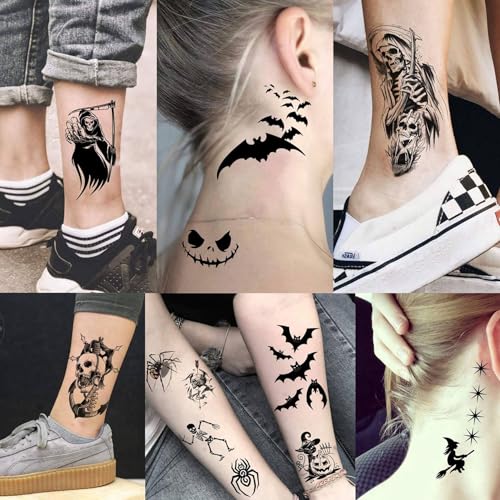 52 Sheets Halloween Temporary Tattoos For Kids Boys Girls Women Men, Adults 3D Scary Face Skull Fake Tattoos Sticker, Ghost Zombie Vampire Bat Spider Web Tattoos Cat Goodie Bag Stuffers Accessory