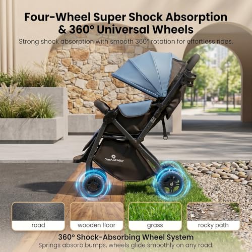 Image of StarAndDaisy Foldable Stroller for Baby 0-3 Years Infant & Toddler / Travel Pram for Baby with Adjustable Canopy & Footrest with Lockable Wheels, Multi-Level Recline , Removable Tray , Safety Harness Belt (Blue)