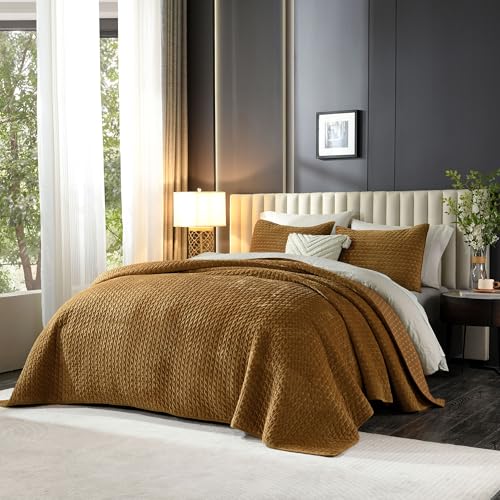 Image of Grassix Velvet Quilt Set King Size, Luxury Cross Stitch, Gold Caramel | Lightweight Velvet Comforter with 2 Pillow Shams, Soft Bedspread Coverlet, Quilted Bedding Set for All Seasons, 108 inchx96 inch