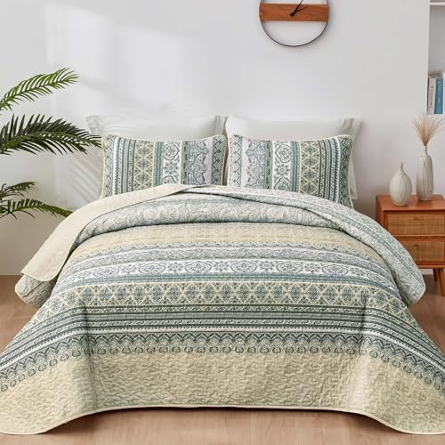 WONGS BEDDING Boho Quilt King Size,3 Pcs Beige Bedspread Bedding Set