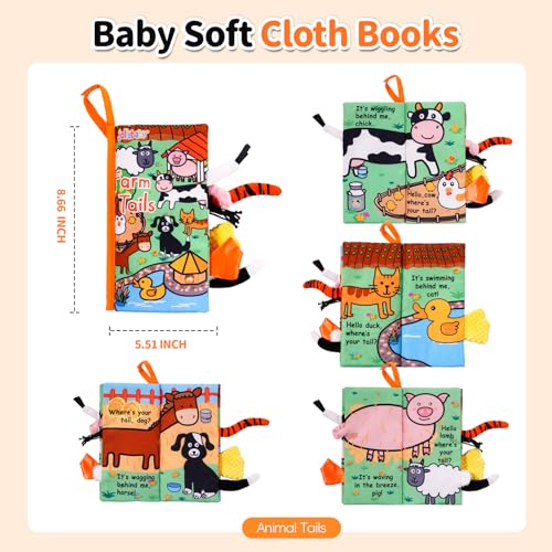 Image of Jollybaby Baby Cloth Books, Touch & Feel Crinkle Soft Books, for Infants Babies, Toddler Early Educational Interactive Stroller Toys, Baby Girl & Boy Gift(Farm Tails)