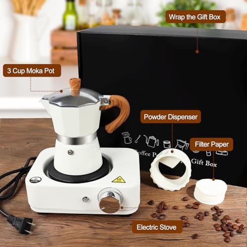 Image of DITOSH 4-in-1 Moka Pot Espresso Set with Electric Stove 3 Cup Aluminum Stovetop Coffee Maker Percolator Italian Classic Mocha Coffee Machine with Powder Dispenser Filter Paper Portable Camping White