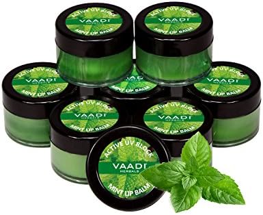 Lip Balm - ★ Active UV Block - ★ Mint Flavor - ★ All Natural - ★ Pack of 8 X 10 GMS(0.35 Ounces) in Tin - Vaadi Herbals