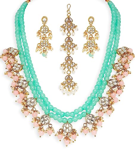 fabula Jewellery Mint Green & Pink Beads & Kundan Multi Layer Mala Long Necklace Set with Drop Earrings & Maangtikka For Women & Girls Stylish Latest (NEVM28MTDP14_AFR1)