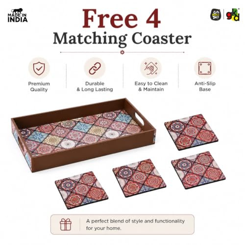 Image of GKD Wooden Serving Tray with Free 4 Coasters - 11x15 Inch Large Tea & Coffee Tray, Snack Tray Decorative MDF Trays for Home & Kitchen - Food Trays with Handles for Dining & Bar (Vibrant Mandala)