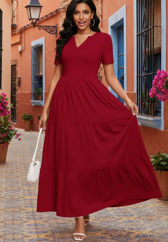 Image of MarryUP Women 2025 Casual Loose Maxi Dress with Pockets V Neck Short Sleeve Tiered Long Summer Beach Swing Dresses