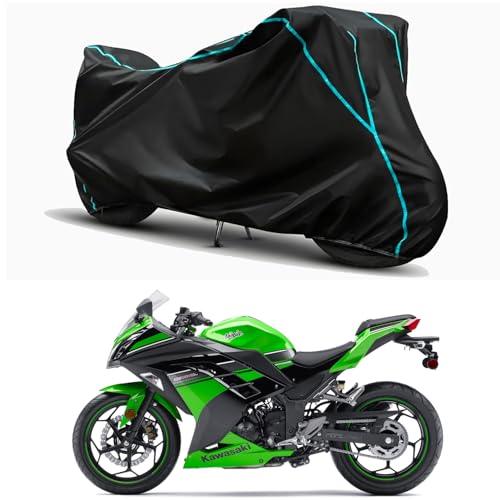 Image of Waterproof Bike Body Cover Compatible for | KawasaNinja 300 ABS | Taffeta Fabric, Sky Piping Design, Bottom Elastic Fit | Dustproof, Sun UV & Rain Protection for All Weather.