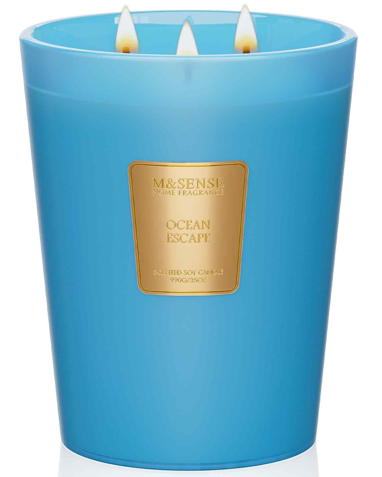 M&SENSE Ocean Escape Velas Aromáticas de Soja 990g,Regalos Originales para Mujer, Decoracion Hogar Relajante,Velas Grandes 3 Mechas 150h,Fragancia Marina Fresca en Tarro de Cristal XXL,Regalo Mama