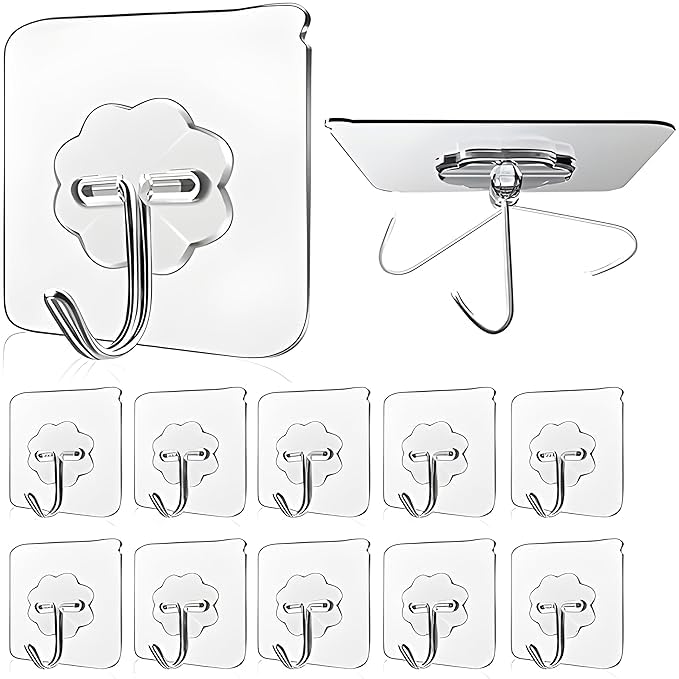 Image of Pack of 10 Adhesive Hooks Kitchen Wall Hooks-Heavy Duty 13.2lb(Max) Nail Free Sticky Hangers with Stainless Hooks Reusable Utility Towel Bath Ceiling Hooks-10 pcs