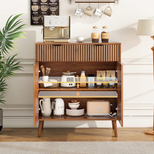 LYNCOHOME Fluted Sideboard Buffet Cabinet with Storage, 1 Drawers and 2 Doors,Solid Wood Feet for Kitchen, Hallway, Walnut by LYNCOHOME - Image 6