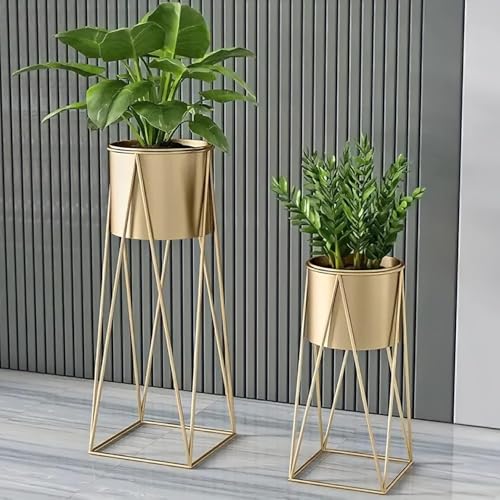 Image of Bee Creative Indoor - Outdoor Plants & Modern Metal Floor Tall Plant Stand for Garden, Balcony & Living Room & Mid Century Plant Stands with Pots Set of 2 Flower Pots (Gold)