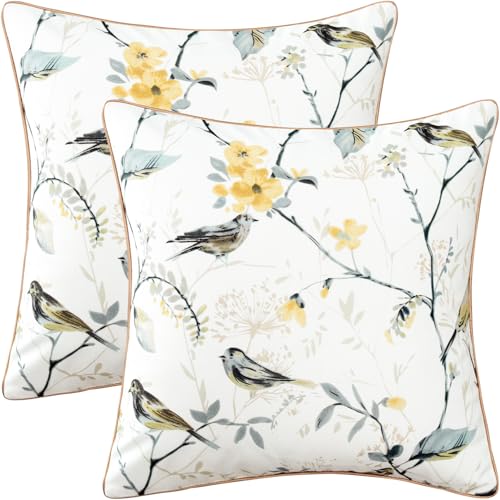 Image of VOGOL Set of 2 Faux Linen Cushion Covers, Grey Bird Print 45 x 45 cm Decorative Throw Pillow Cases, Decorative Square Pillowcases for Sofa Bed Couch