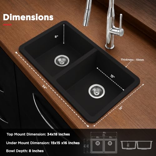 Image of Carysil DOLCE UK Quartz Kitchen Sink 34 x 20 x 8 inches, Single Bowl, 80% Quartz & 20% Resin, Heat Resistant 300C, 50kg Load, Scratch & Stain Resistant, Granite Sink, 304 SS Coupling - Pearl Black