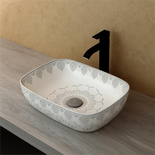 Image of Archstone Wash Basin for Bathroom - 1 Year Warranty -Tabletop Washbasin - Ceramic Glossy Rectangle Designer Moroccan Countertop Vessel Sink, Dining Hall & Vanity 33x45x14.5 cm (Grey Moroccan)