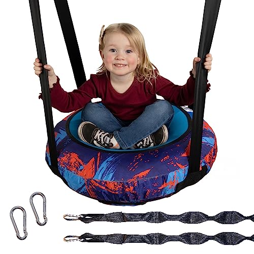 Durable 26” AIR Swing Safe Round Outdoor Saucer Tree Swing for Toddlers & Kids - Ideal for Backyard, Indoor Playroom, Playset, or Treehouse - Adjustable 360 Rotation & Regular Modes - Blue/Red