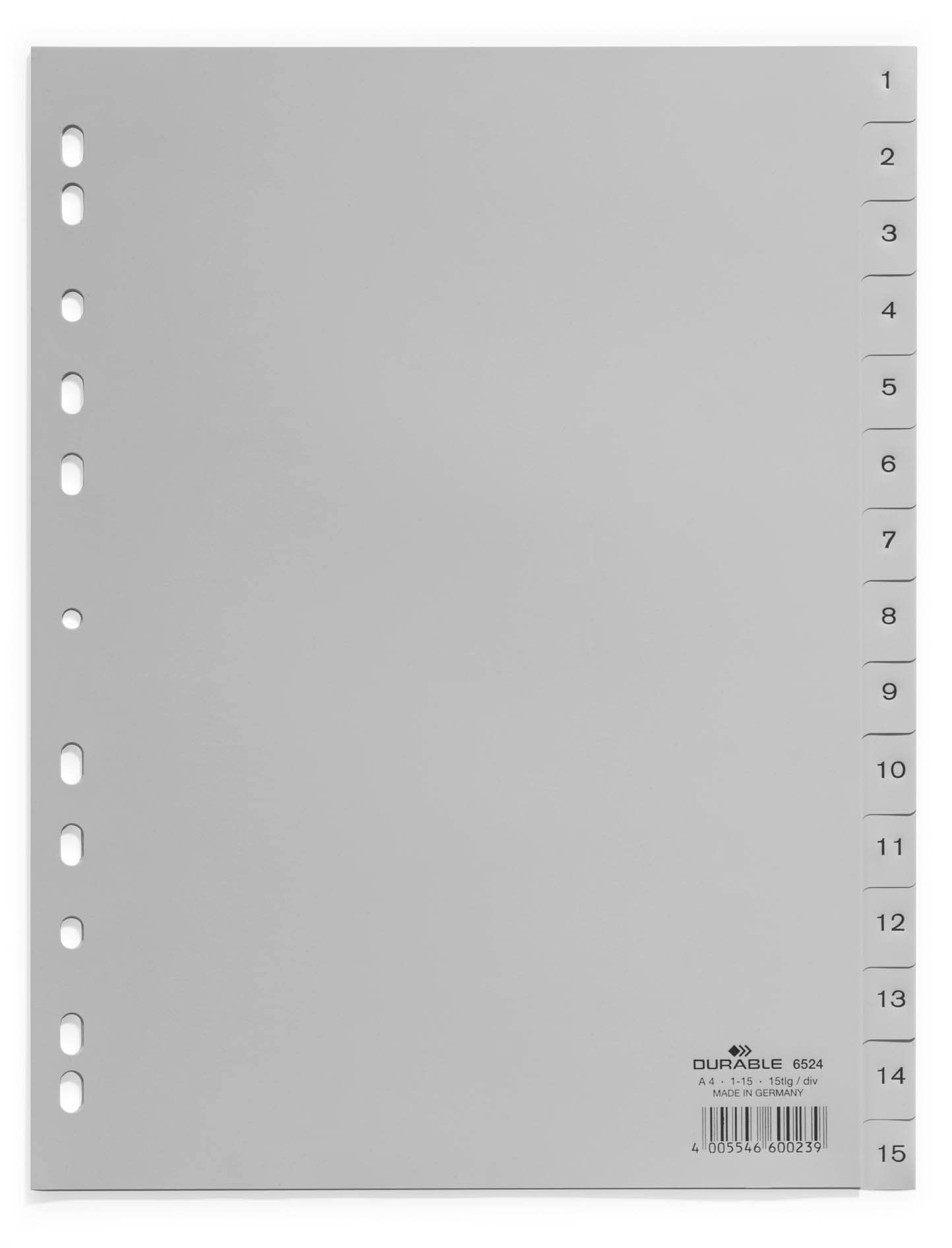 Durable 1-15 Polypropylene Index Dividers | A4 Portrait Full Covering | Pack of 20 Dividers | Grey | Made in Germany