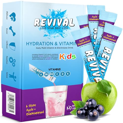 Revival Kids Hydration Vitamin Drink - Electrolyte Squash with Vitamins D A C K B6 B12 - Immunity Growth Development | Apple & Blackcurrant | 6 Pack