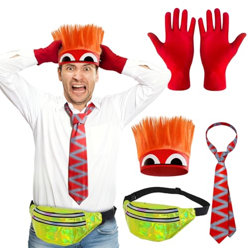 FINASKASU 4 Pcs Halloween Anger Costume with Wig Tie Gloves and Waist Bag Angry Costumes Cosplay Accessories for Adult Men