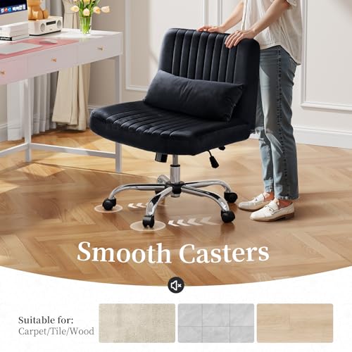 Image of Warmiehomy Criss Cross Chair, Luxury Velvet Cross Legged Chairs, Office Chair for Home Office, Desk Chair with Height Adjustable, Wide Seat Computer Chair, Comfy Vanity Chair Gift, Classic Black
