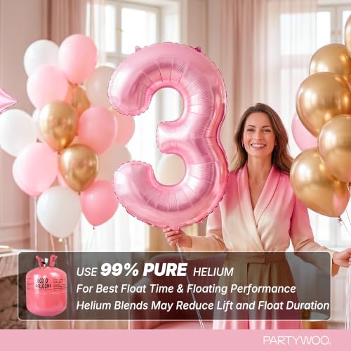 Image of PartyWoo Baby Pink Number 3 Balloon 40 Inch 25pcs Pink Foil Star White Gold