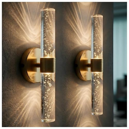 Image of DORESshop Bubble Battery Wall Sconces Set of 2, 10000mAh Rechargeable Wall Sconce with Bubble Crystal, 9 Color Dimmable Wireless Wall Sconce, Sconce Wall Decor for Living Room, Bedroom, Gold 12in