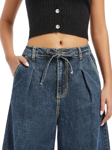 High Waisted Tummy Control Wide Leg Pants Loose Fit Drawstring Stretchy Denim Elastic Waist Casual Straight Leg Jeans4