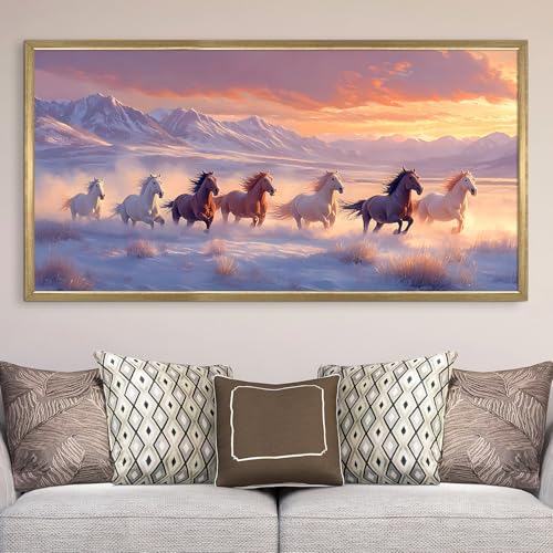 Image of PAPER PLANE DESIGN Seven Running Horses HD Canvas Print Wall Art - Premium Vastu Golden Box Frame With Acrylic - Elegant Home & Office Decor - Size: 2 x 4 Feet. (C)