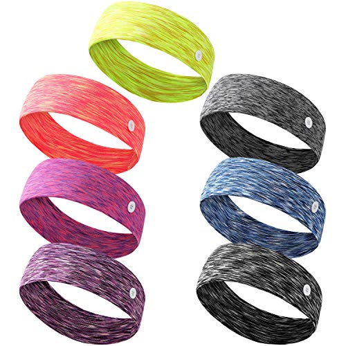 7 Pieces Headband with Buttons Elastic Button Headbands Non-Slip Multi Headbands Headscarf Stretchy Headwrap with Ear Loop Holder Buttons for Women Girls Ears Protection, 7 Colors