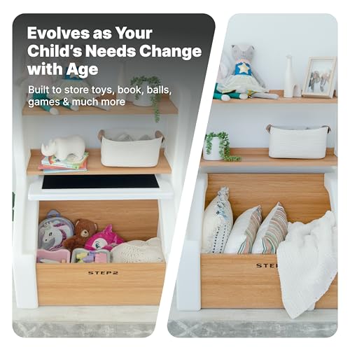 Step2 Harmony Toy Storage Box, Wood and Plastic, Shelves for Books, Toy Storage Bin with Chalkboard Lid and Clip, Easel and Toy Organizer in One, White - image 4